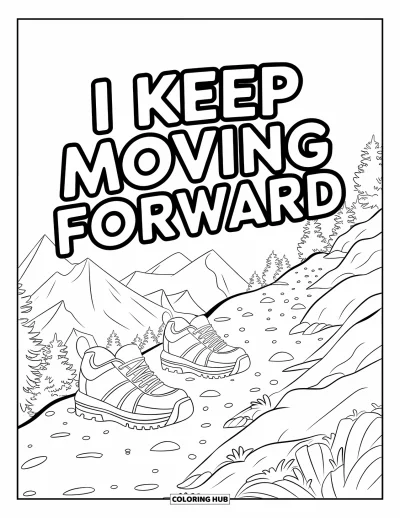 Affirmationstegning til børn: Sko skrider opad ad en sti med "I Keep Moving Forward" ovenover