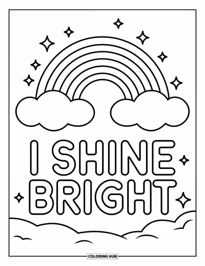 Affirmationstegning til børn: Stjerner funkler nær en stor regnbue og skyer med teksten "I Shine Bright"
