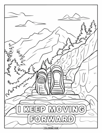 Affirmationstegning til børn: Trin stiger op ad en stenet sti med "I Keep Moving Forward" skrevet nedenunder