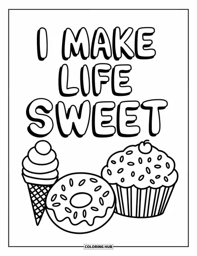 Affirmationstegning til børn: Slik danser sammen under boblende bogstaver med teksten "I Make Life Sweet"