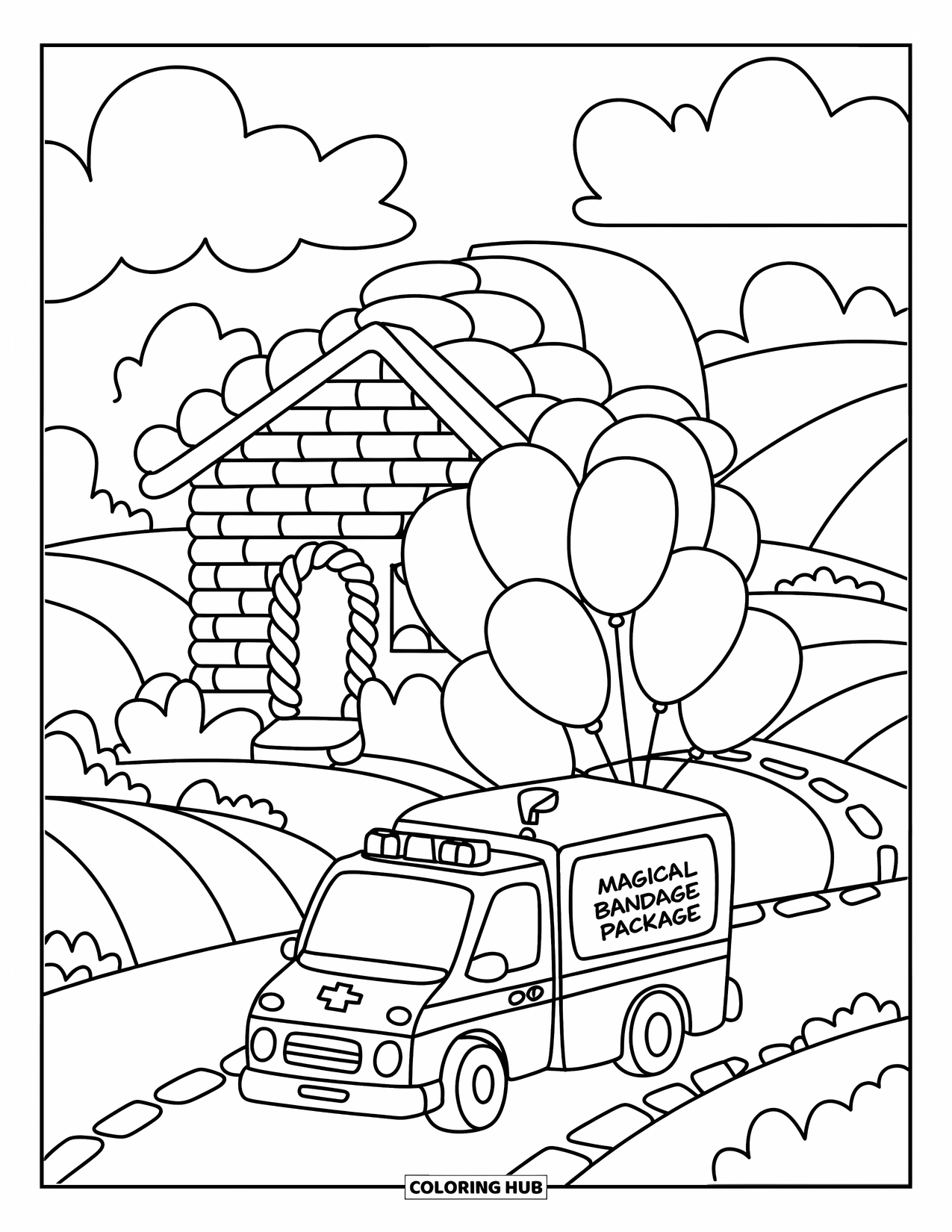 Ambulance Coloring Page for Adults: A cheerful ambulance delivers a magical package to a candy hospital with candy canes