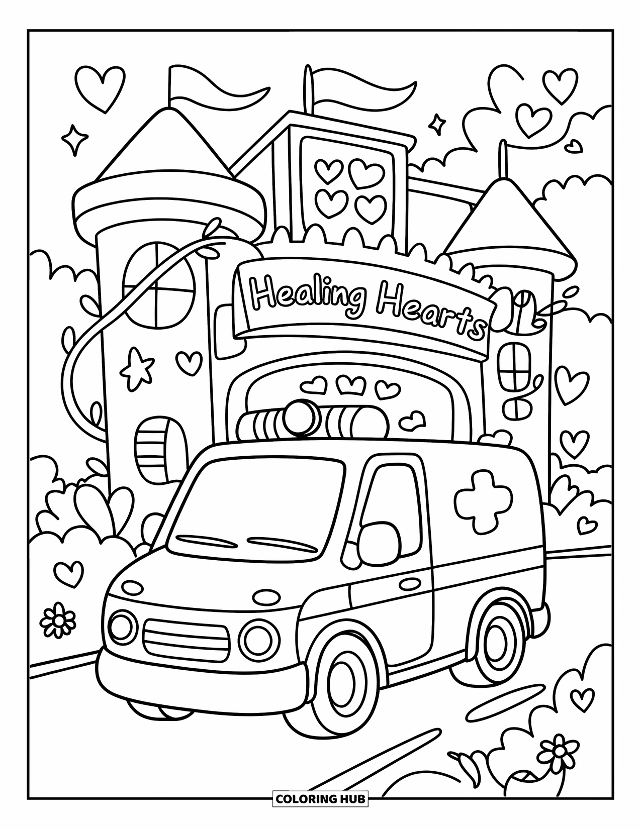 Ambulance Coloring Page for Adults: A happy ambulance passes a magical hospital castle with hearts and tiny clouds