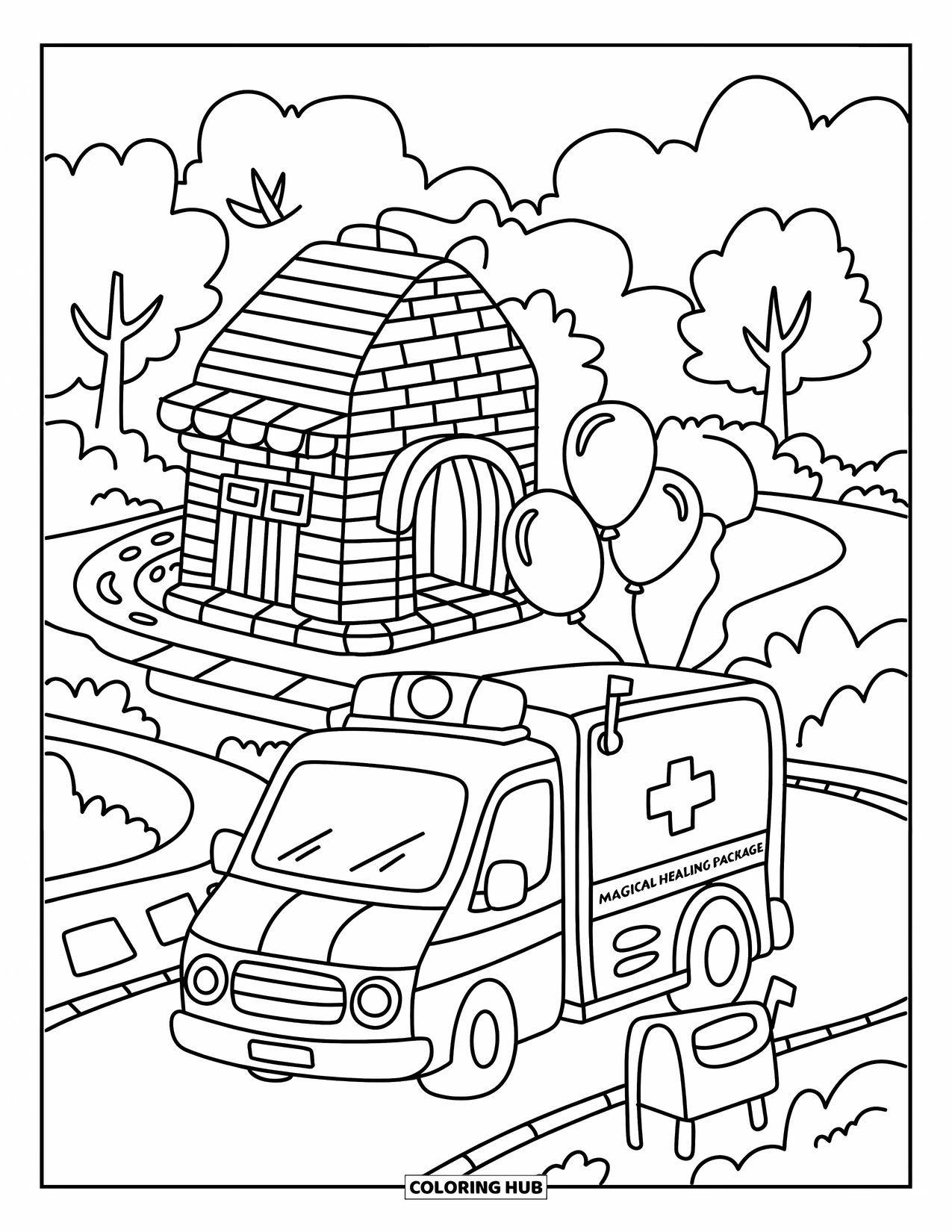 Ambulance Coloring Page for Adults: A smiling ambulance delivers a magical package to a candy-brick hospital with balloons