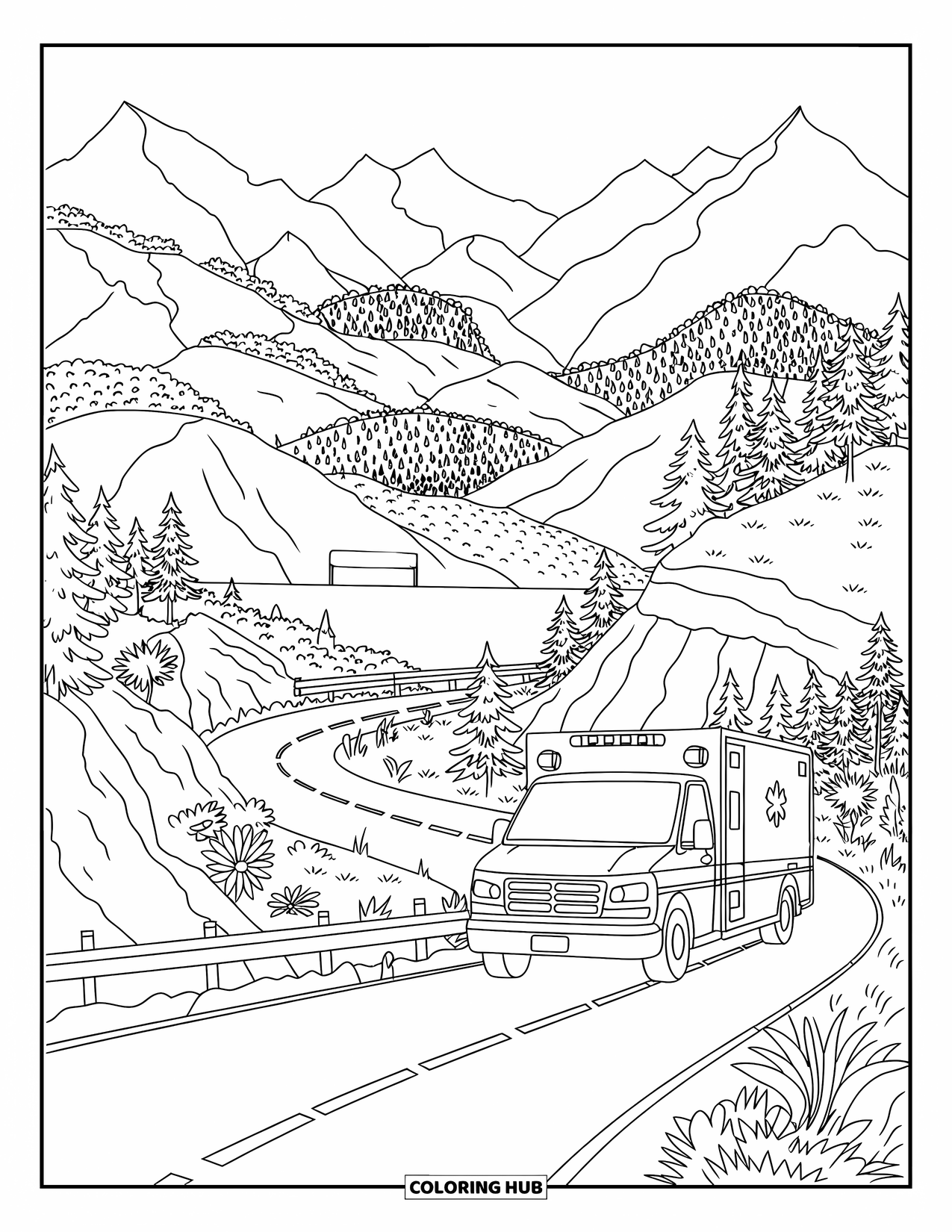 Ambulance Coloring Page for Adults: Ambulance near mountain vista with winding road, trees, and a "Scenic Vista" sign
