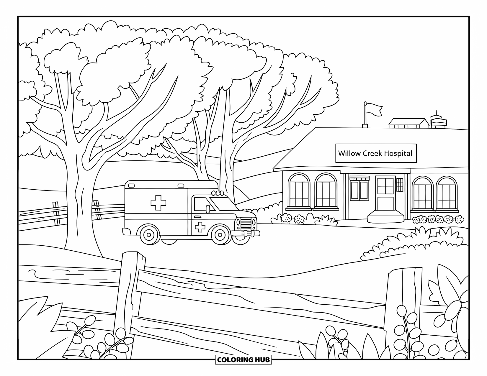 Ambulance Coloring Page for Adults: Ambulance near Willow Creek Hospital with blooming flowers and a cozy countryside setting