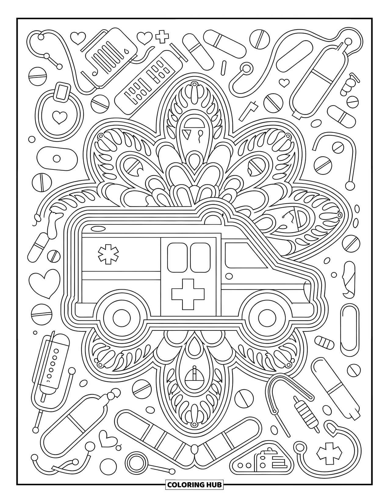 Ambulance Coloring Page for Adults: Ambulance silhouette in mandala design with hearts and stethoscopes in a symmetrical layout