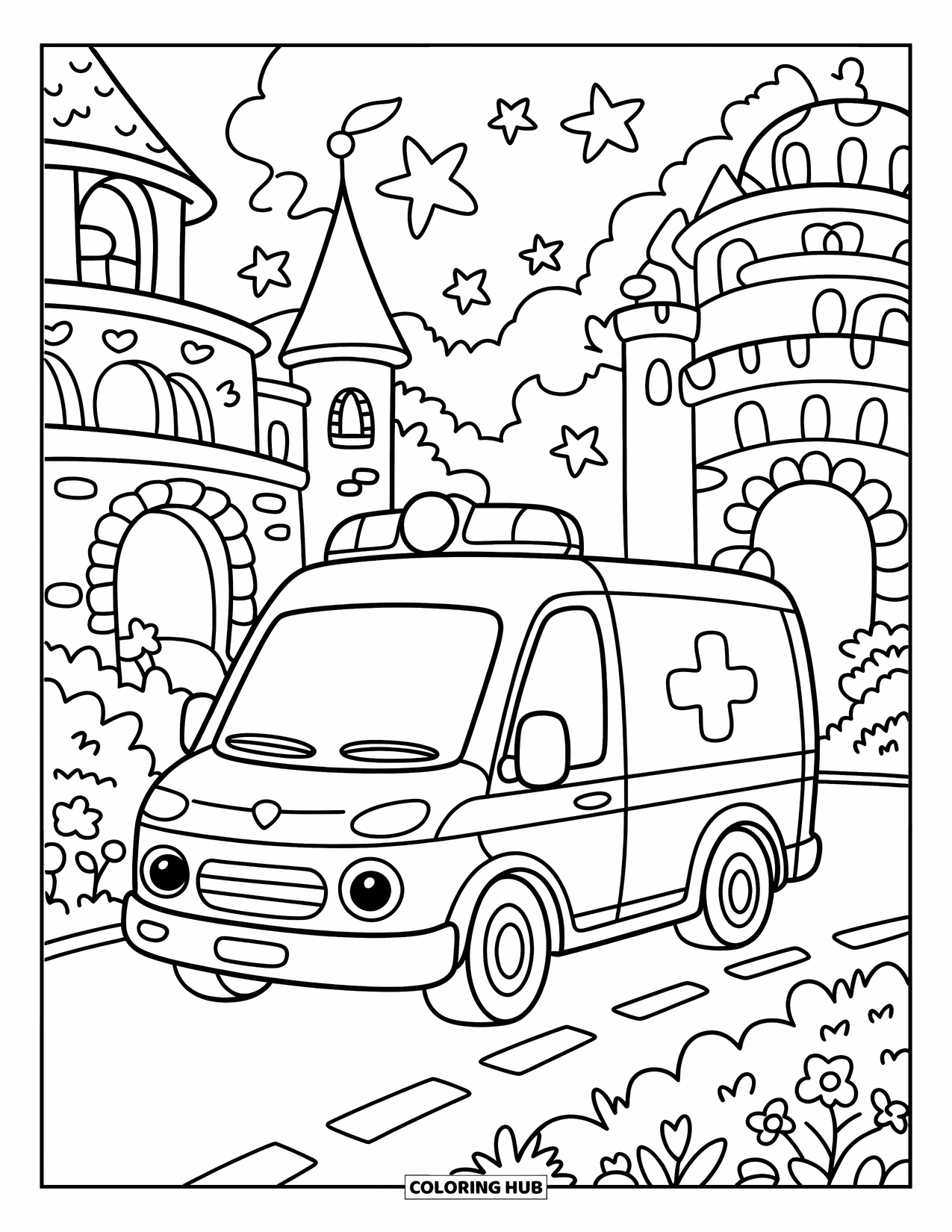 Ambulance Coloring Page for Adults: Cheerful ambulance rolls by a castle hospital with stars, vines, and cute trees