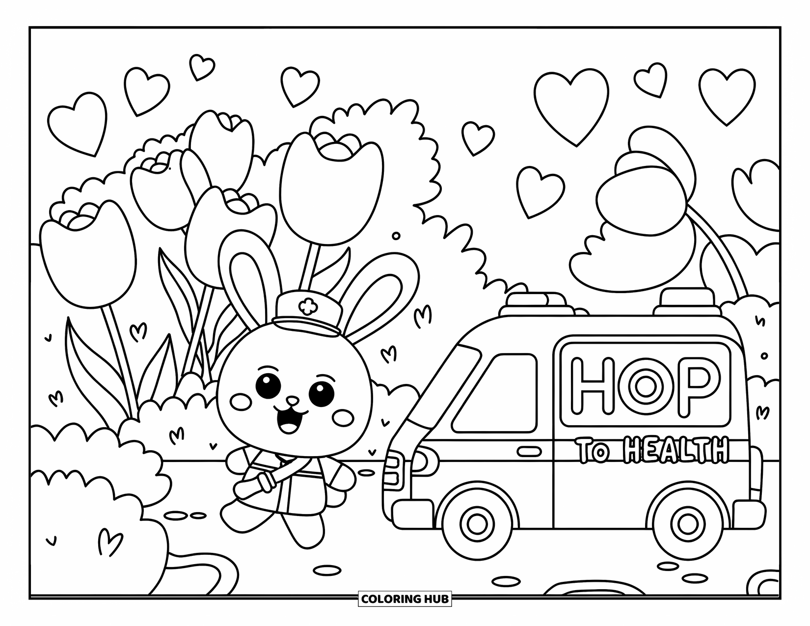 Ambulance Coloring Page for Adults: Happy bunny skips next to an ambulance with "Hop to Health" near tulips and hearts