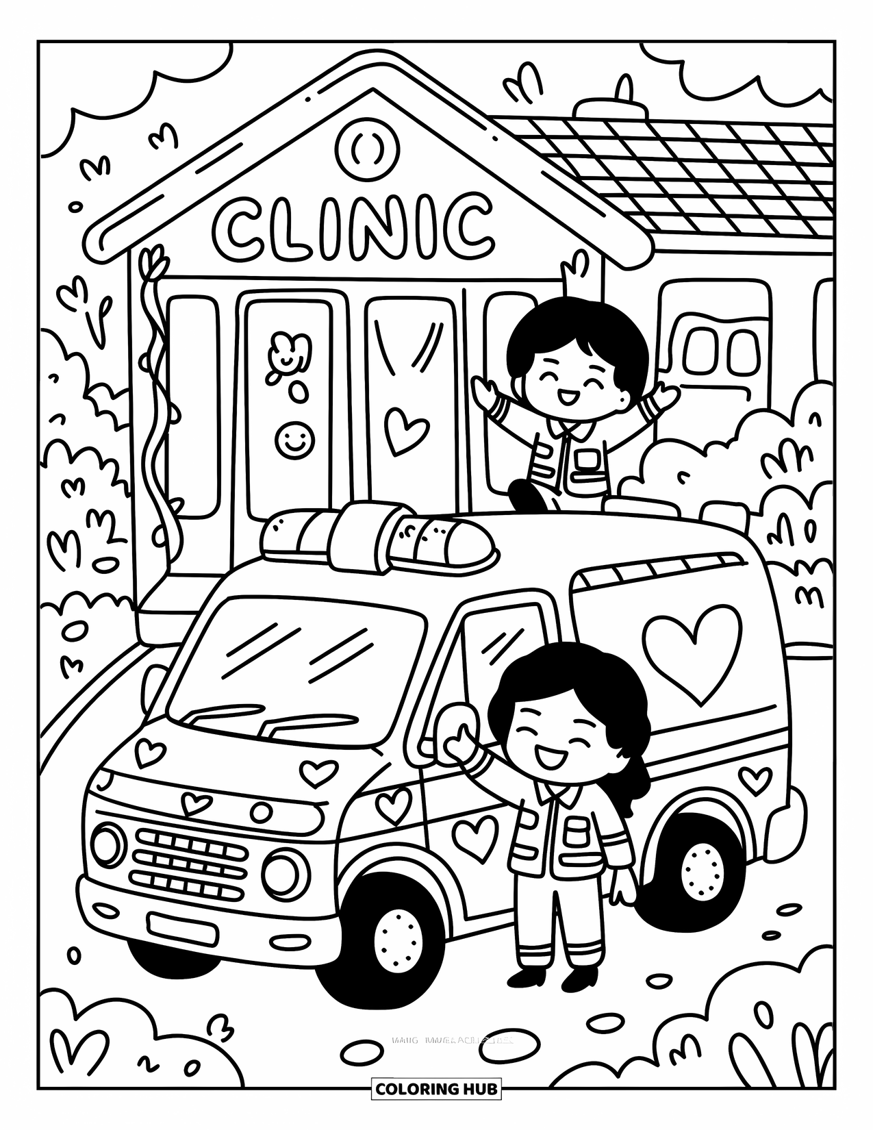 Ambulance Coloring Page for Adults: Happy paramedics add fun stickers to their ambulance outside a cozy clinic entrance
