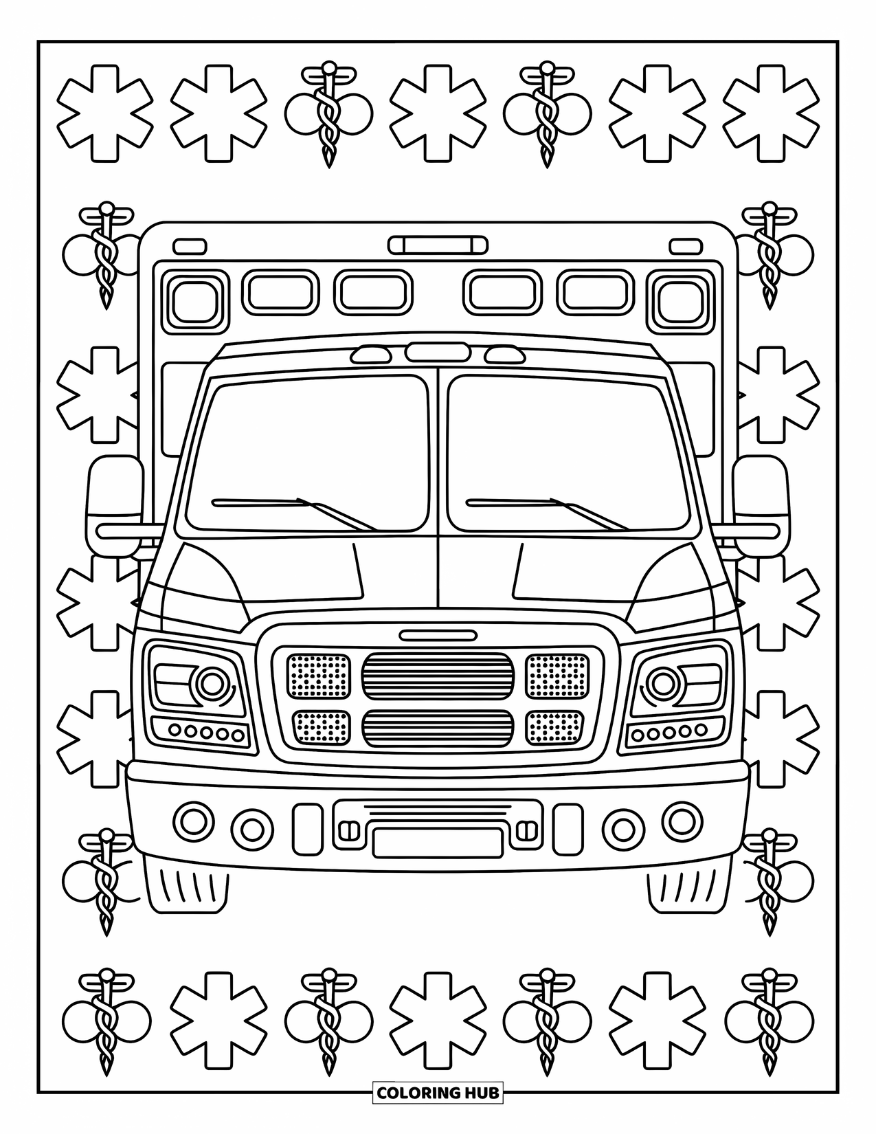 Ambulance Coloring Page for Adults: Modern ambulance front with intricate grille, headlights, and a medical-themed border