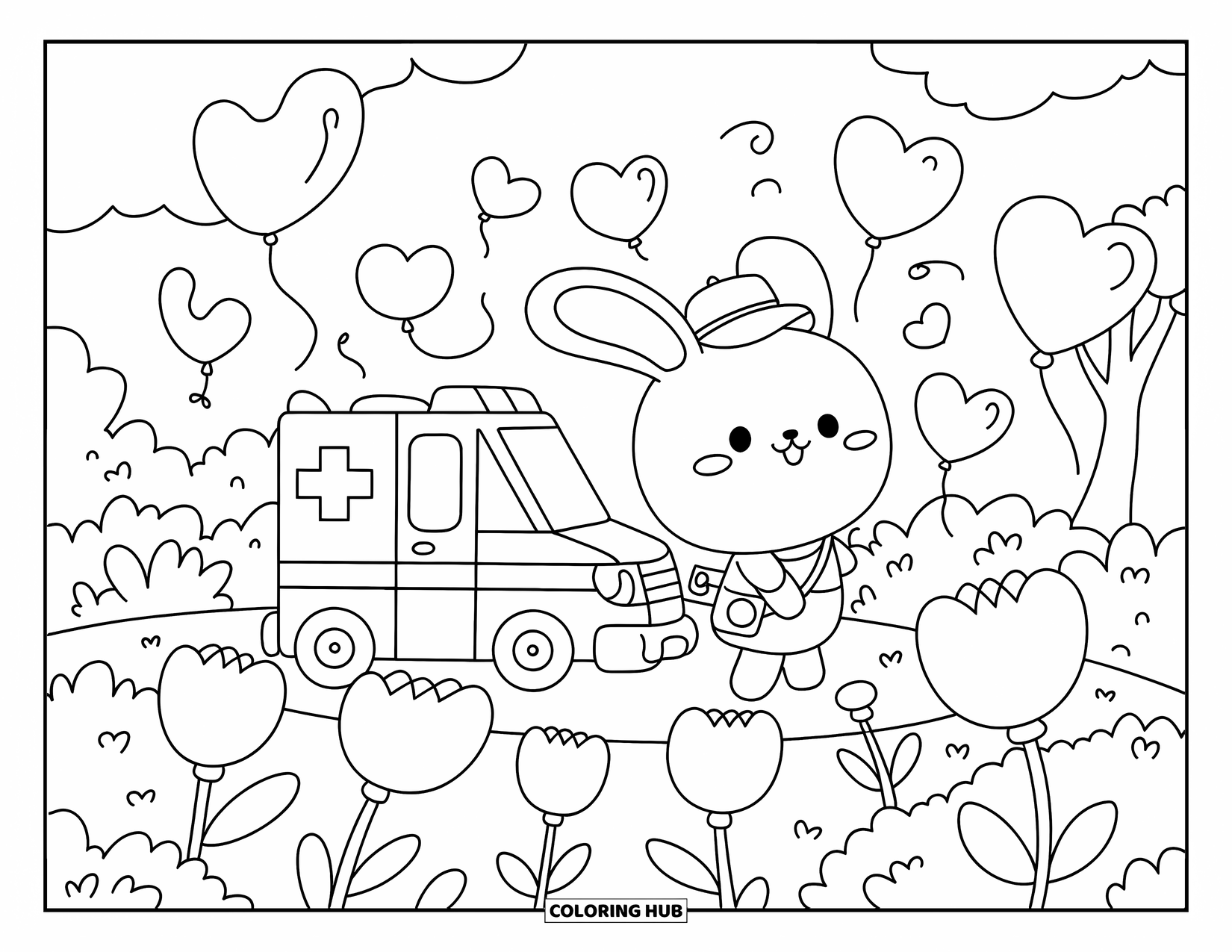Ambulance Coloring Page for Adults: Smiling bunny hops beside an ambulance near tulips and heart balloons in a cozy park