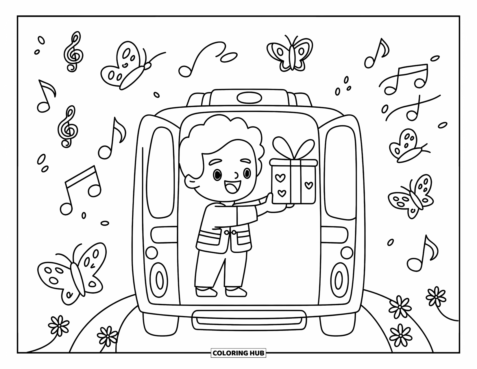 Ambulance Coloring Page for Adults: Smiling paramedic shares gift boxes with hearts, bows, butterflies, and musical decorations