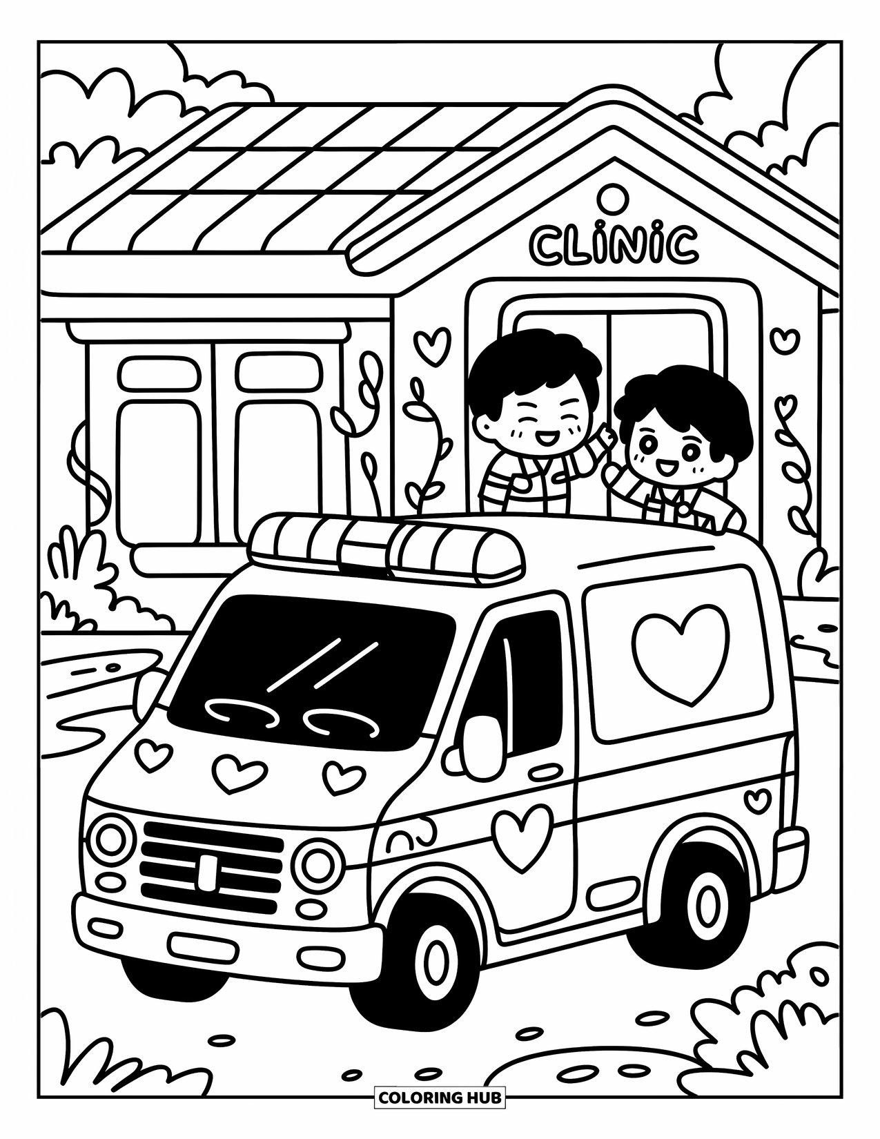 Ambulance Coloring Page for Adults: Two smiling paramedics place stickers on their ambulance near a vine-covered clinic