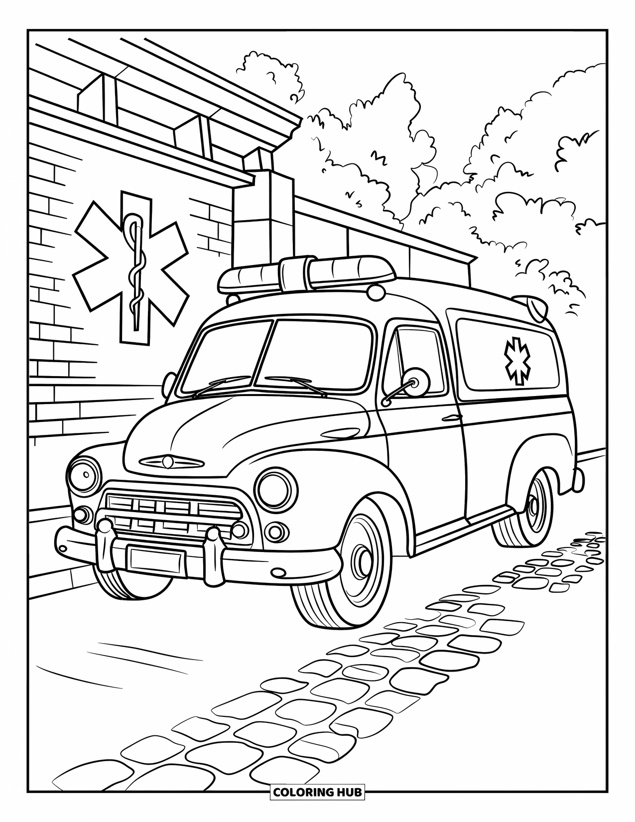 Ambulance Coloring Page for Adults: Vintage ambulance parked on cobblestones beside a brick wall and leafy greenery