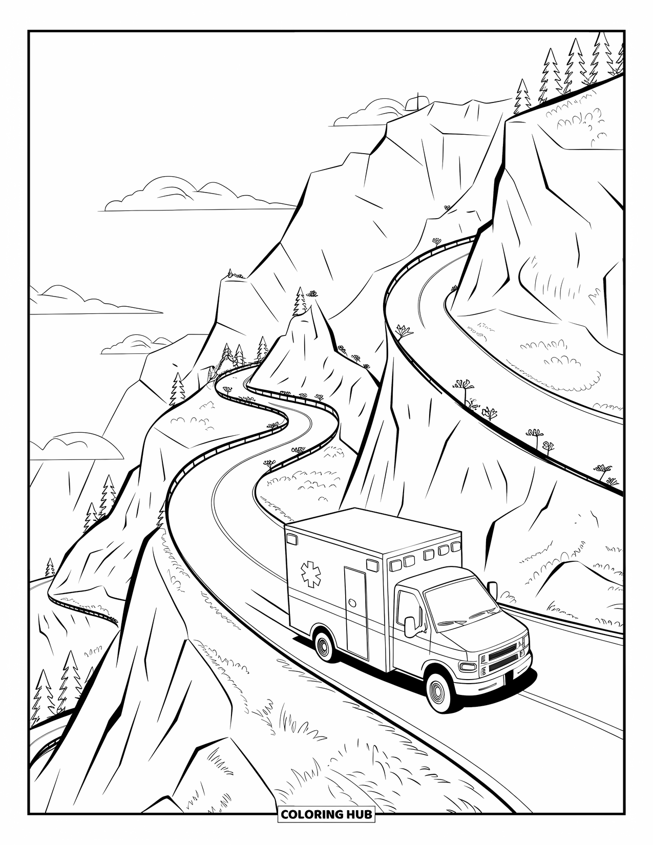 Ambulance Coloring Page for Kids: Ambulance approaches sharp bends on a mountain road with trees and clouds behind