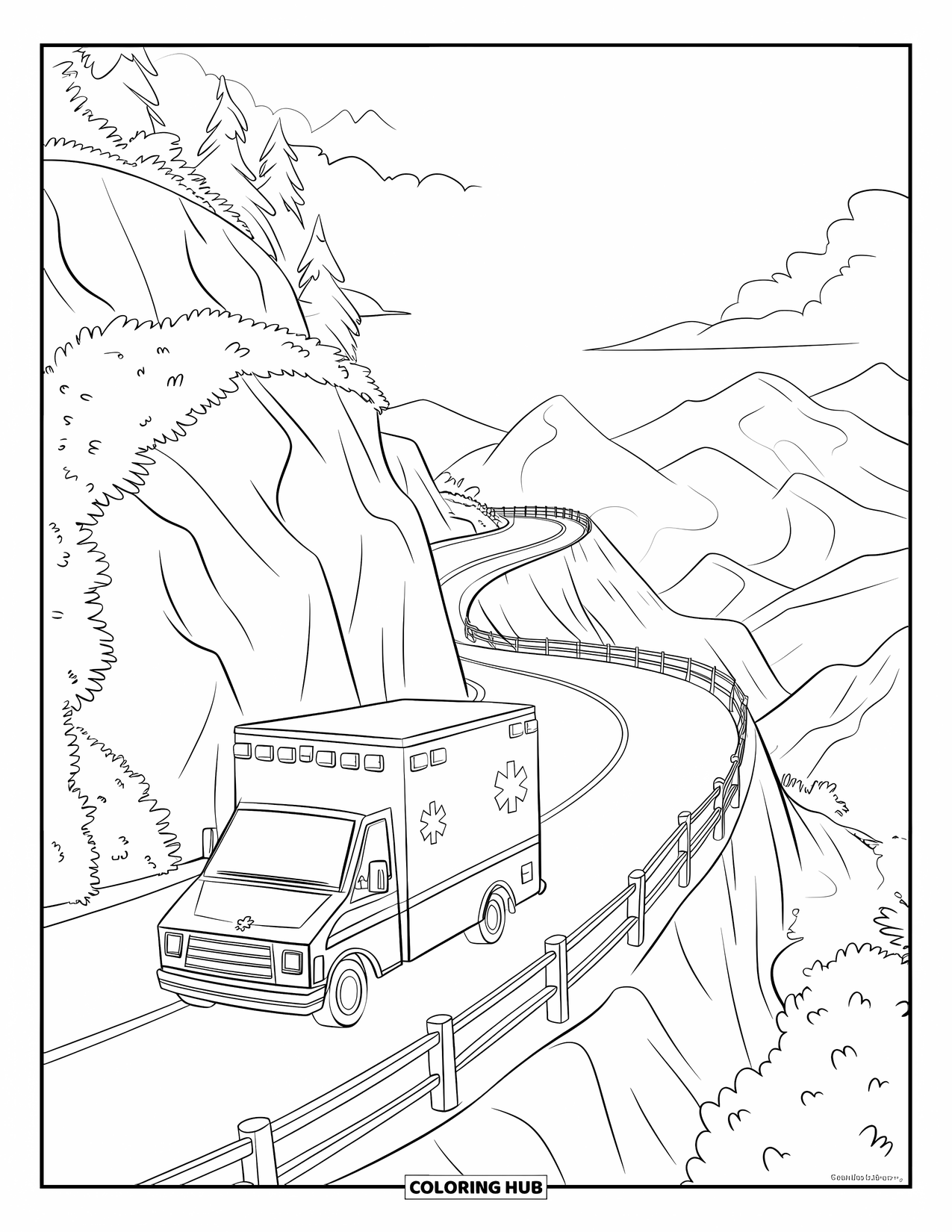 Ambulance Coloring Page for Kids: Ambulance carefully navigates sharp mountain turns with scenic views and a clear sky