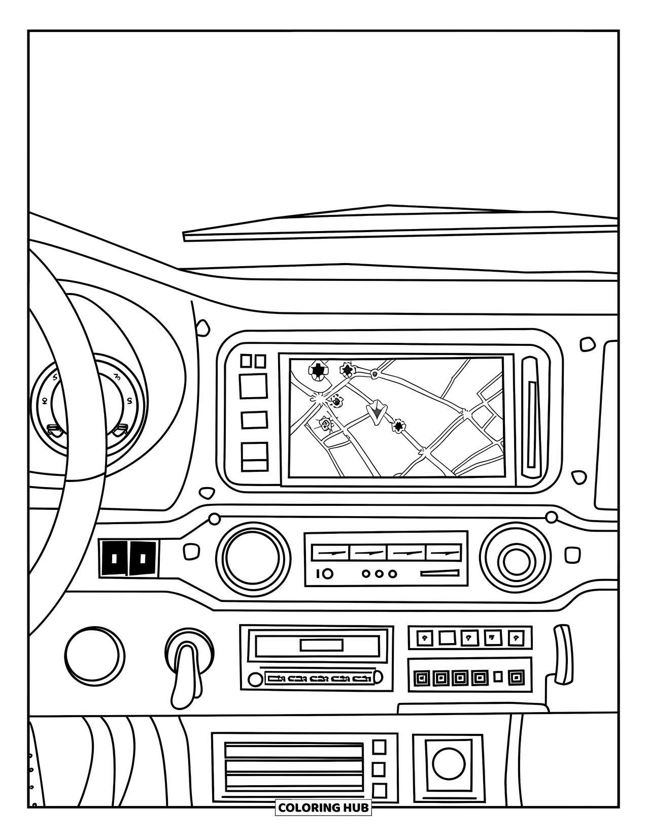 Ambulance Coloring Page for Kids: Ambulance dashboard shows navigation screen, radios, and buttons for a quick city response