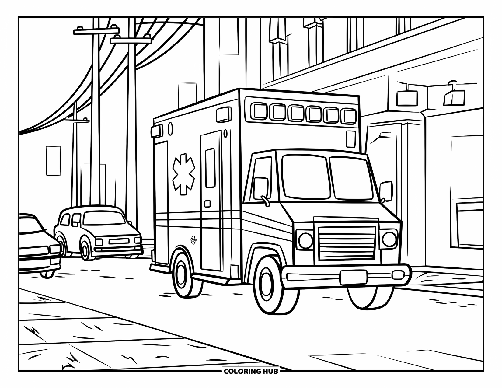 Ambulance Coloring Page for Kids: Ambulance drives through a city street lined with cars, utility poles, and tall buildings