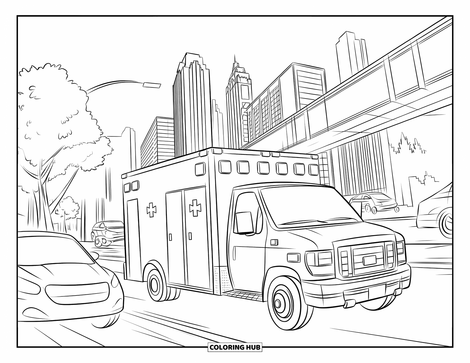 Ambulance Coloring Page for Kids: Ambulance rushes past cars in a lively city filled with trees and skyscrapers