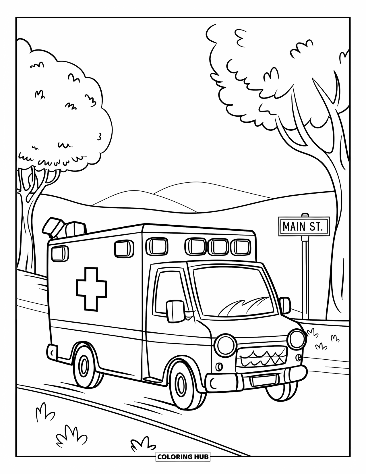 Ambulance Coloring Page for Kids: Ambulance with a bold cross passes trees and a "Main St." sign under a clear sky