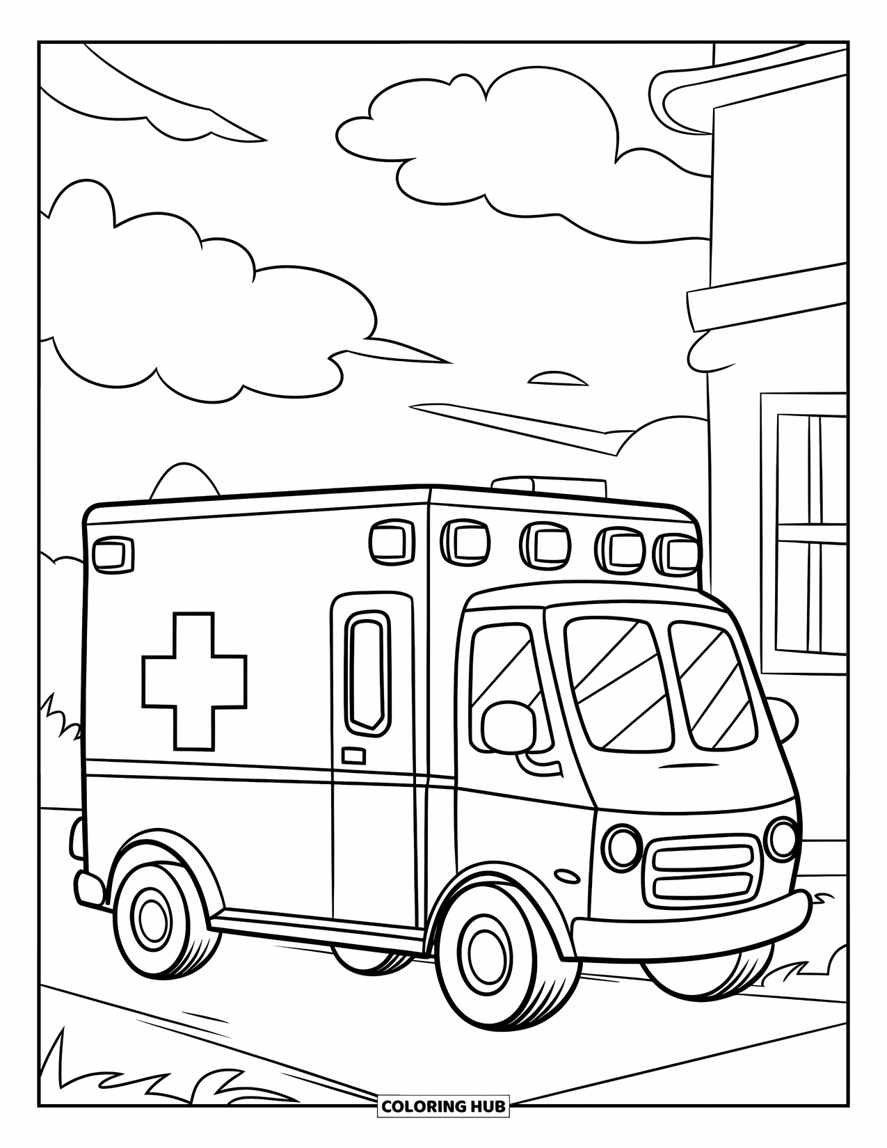 Ambulance Coloring Page for Kids: Cute ambulance with big wheels rests near a building under a sky with clouds