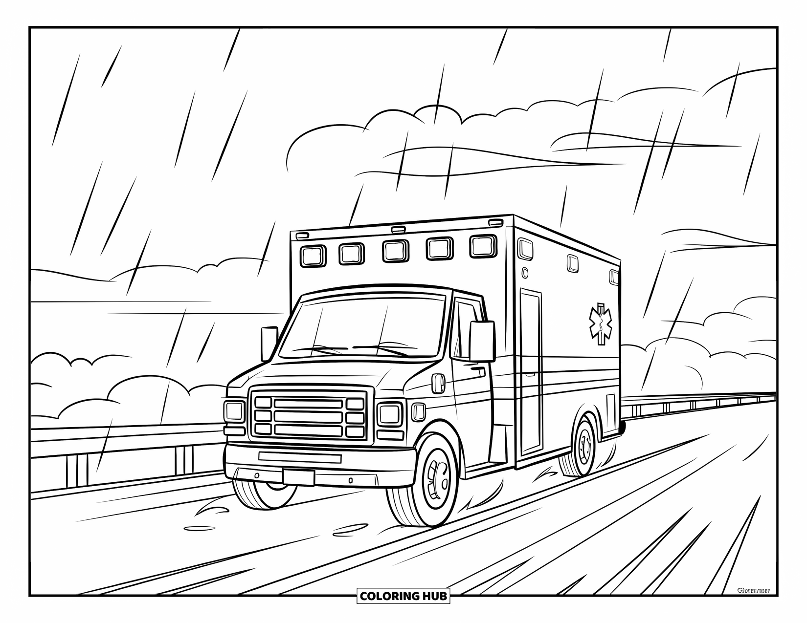 Ambulance Coloring Page for Kids: Flashing ambulance moves steadily on a rainy road beneath a cloudy sky