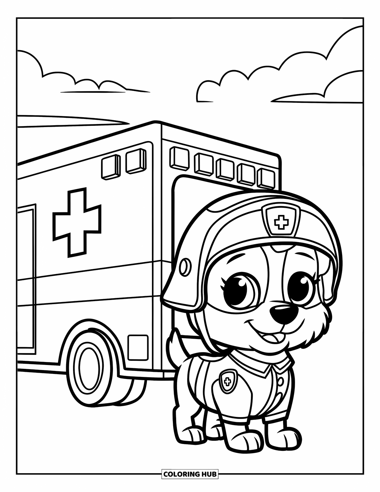 Ambulance Coloring Page for Kids: Friendly dog paramedic stands by an ambulance under a bright sky with clouds