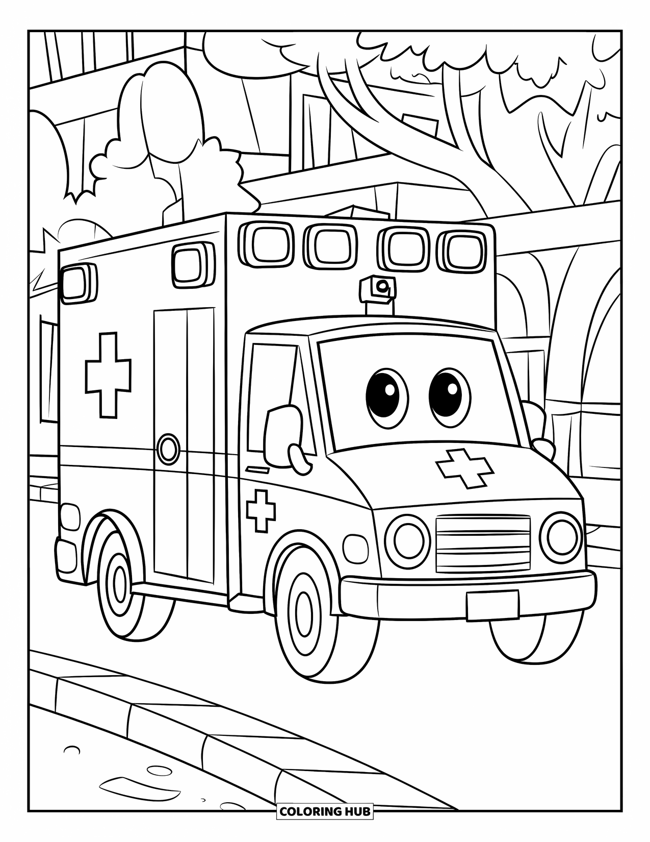 Ambulance Coloring Page for Kids: Happy ambulance with large wheels parks near buildings and trees on a quiet street