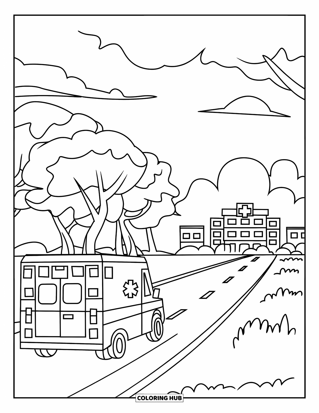 Ambulance Coloring Page for Kids: Road leads to a distant hospital as trees line the path under a sunset sky