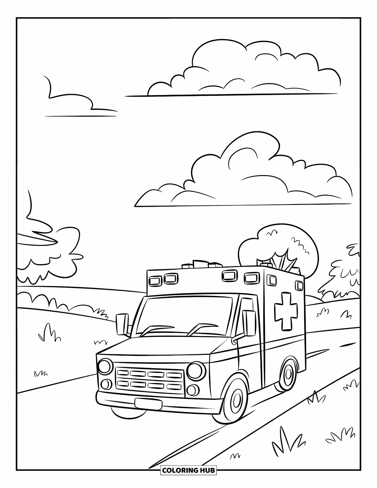 Ambulance Coloring Page for Kids: Smiling cartoon ambulance rolls past trees and clouds on a peaceful road
