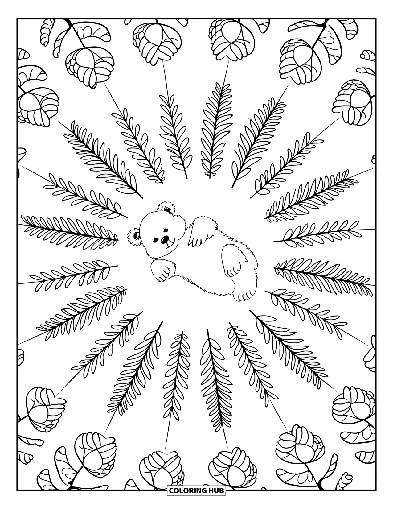 Baby Animal Coloring Page for Adults: A baby bear relaxes in a layered circle of pinecones, ferns, and wildflowers