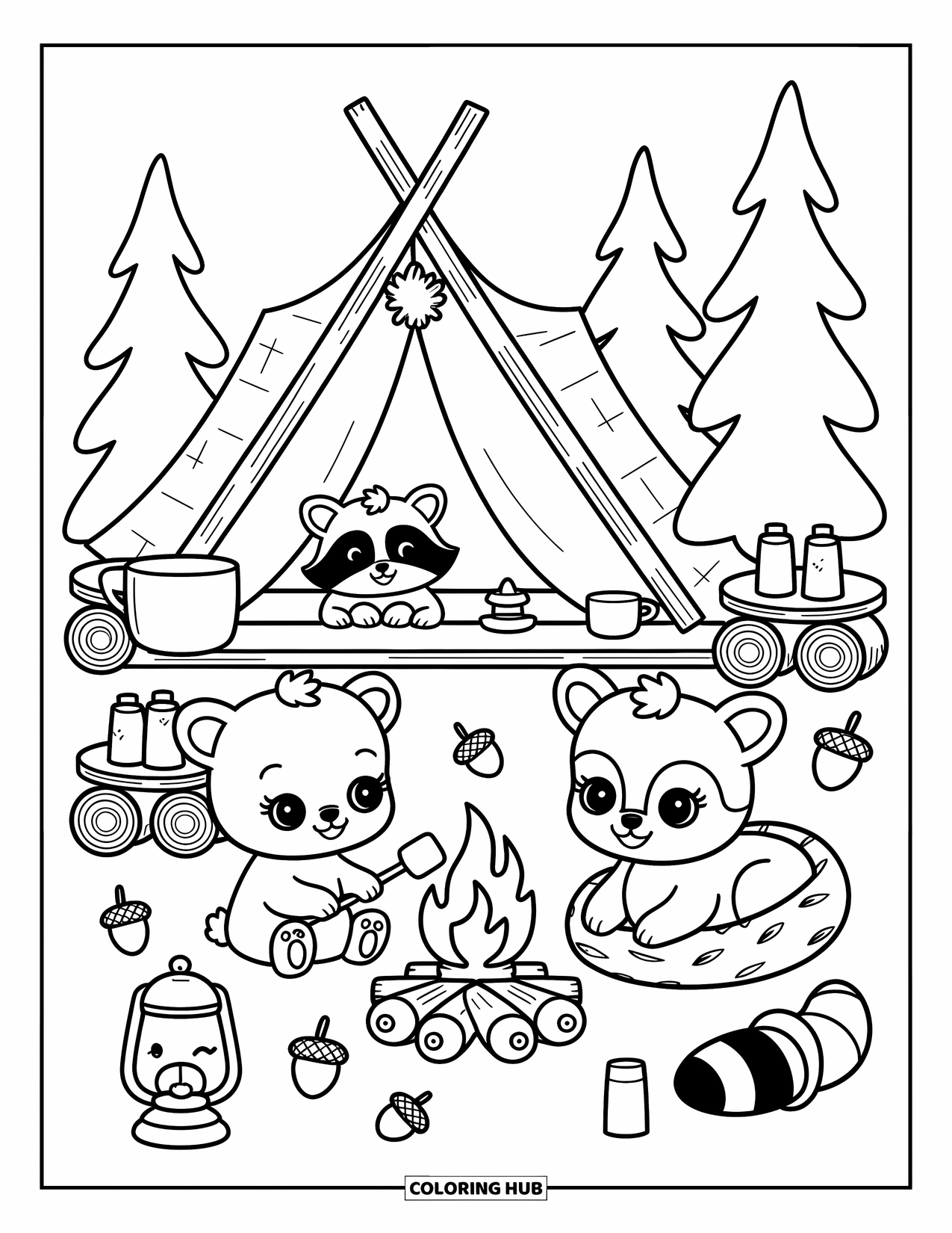 Baby Animal Coloring Page for Adults: A baby bear toasts marshmallows, a deer naps, and a raccoon explores a lantern under pine trees