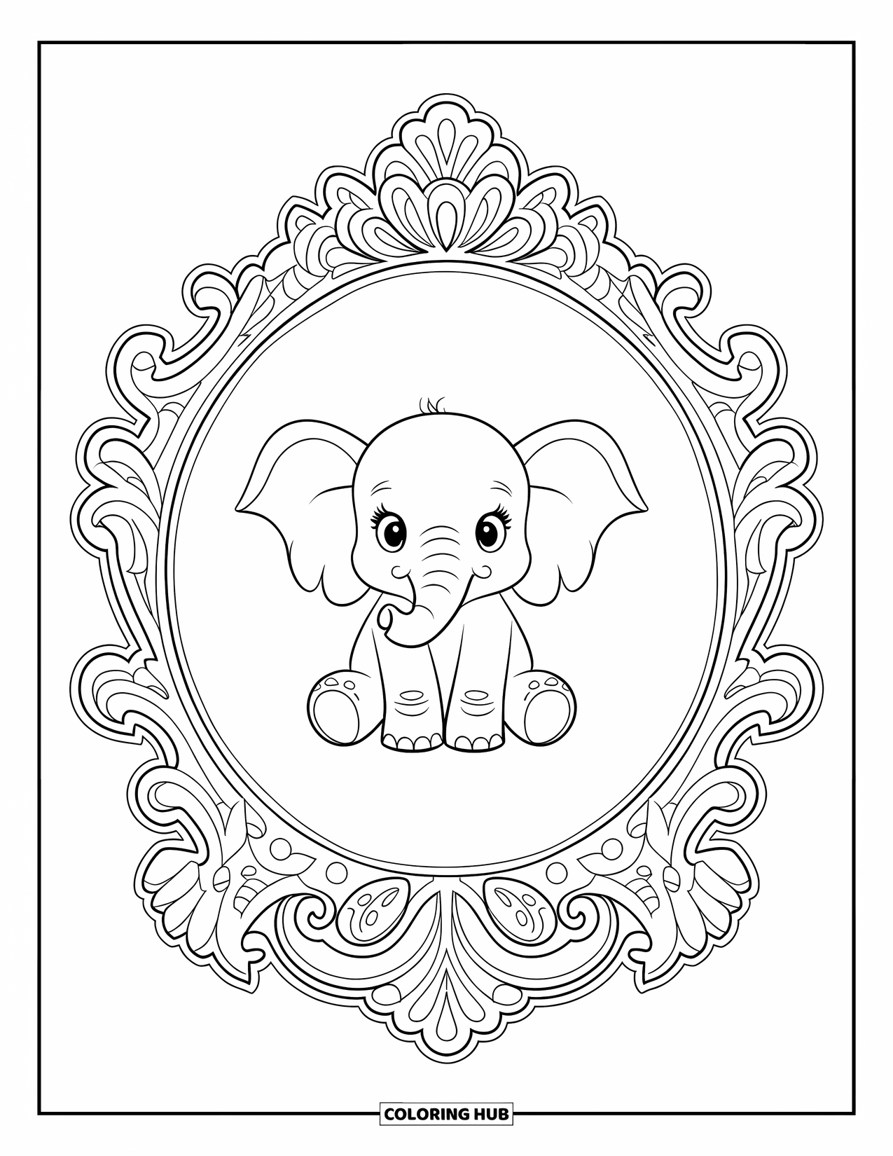 Baby Animal Coloring Page for Adults: A baby elephant rests in a curly paisley frame with swirls and soft outlines