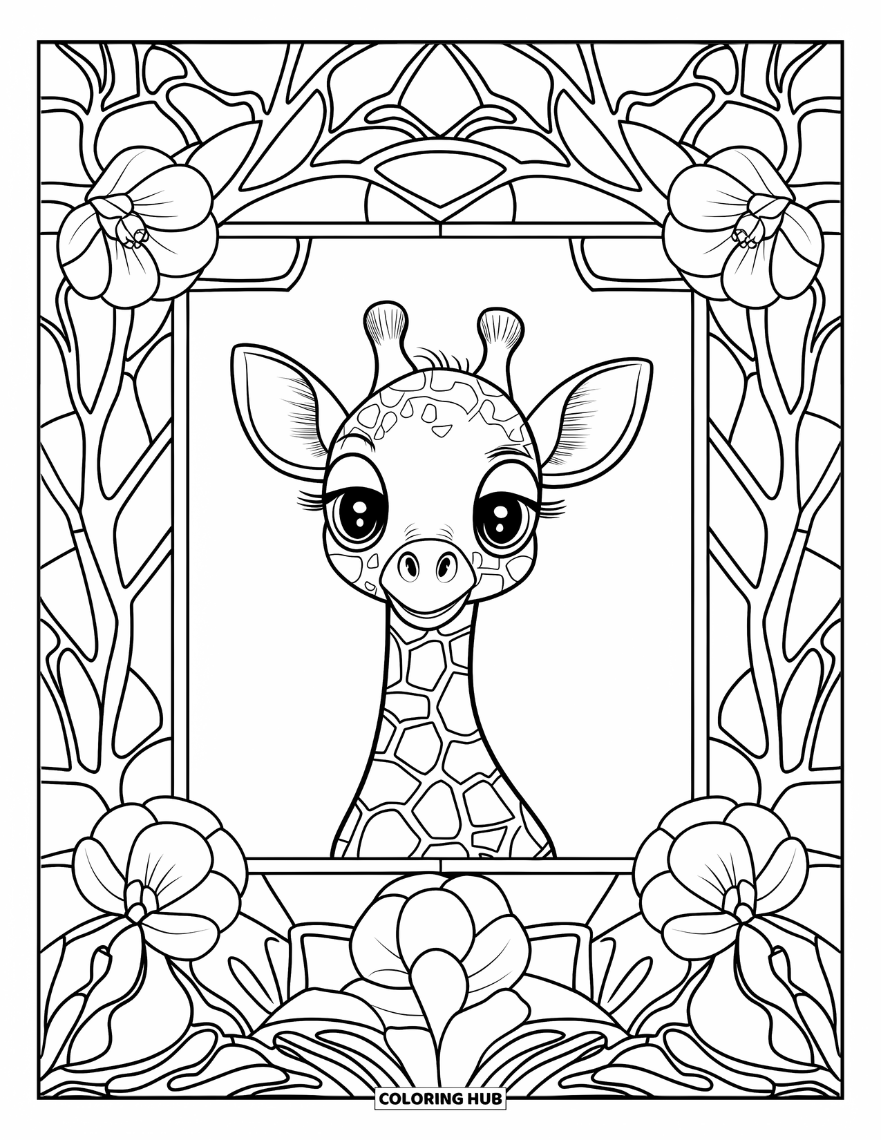 Baby Animal Coloring Page for Adults: A baby giraffe peeks out from a stained glass panel filled with trees and flowers