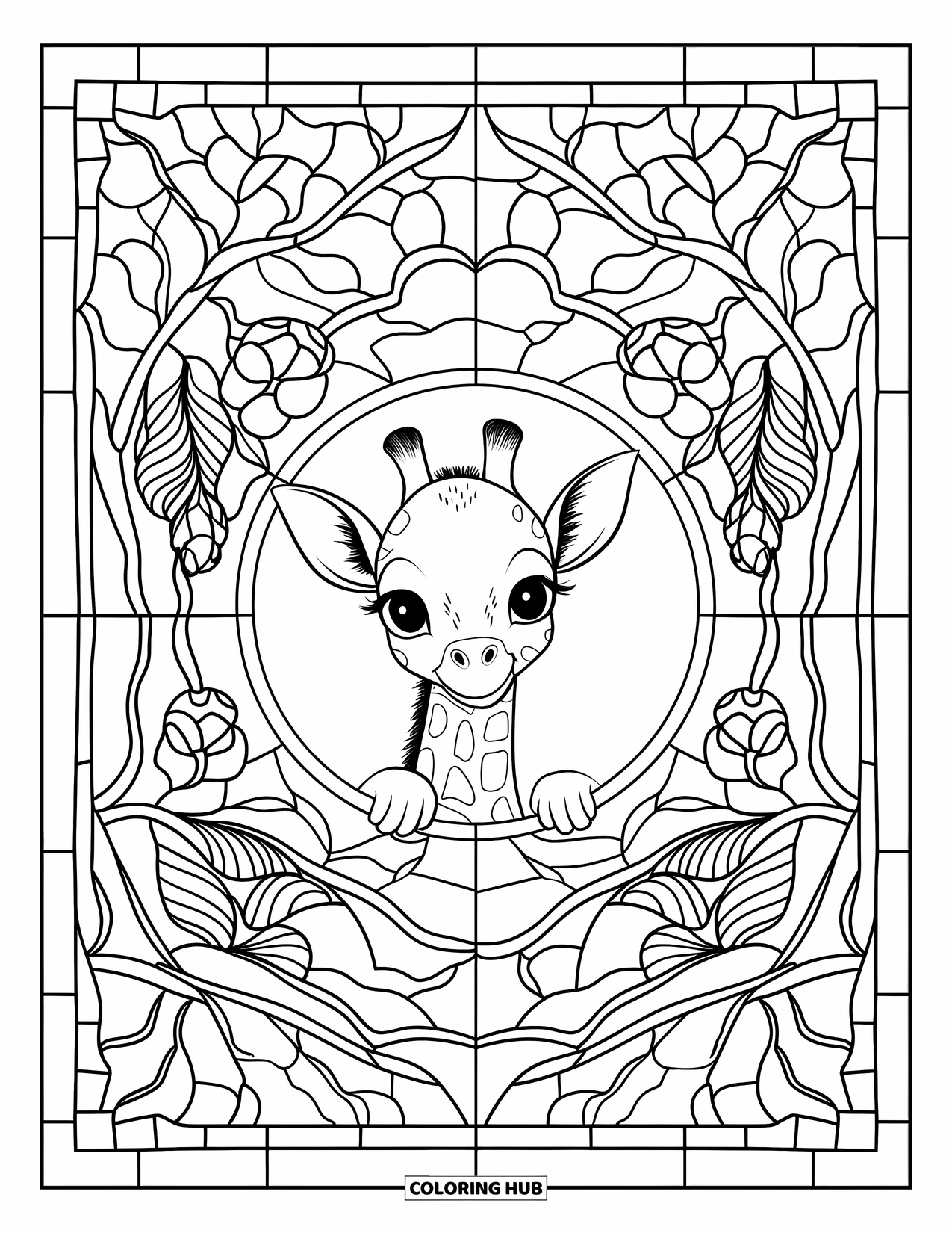 Baby Animal Coloring Page for Adults: A baby giraffe peers from a stained glass circle filled with flowers and tree branches