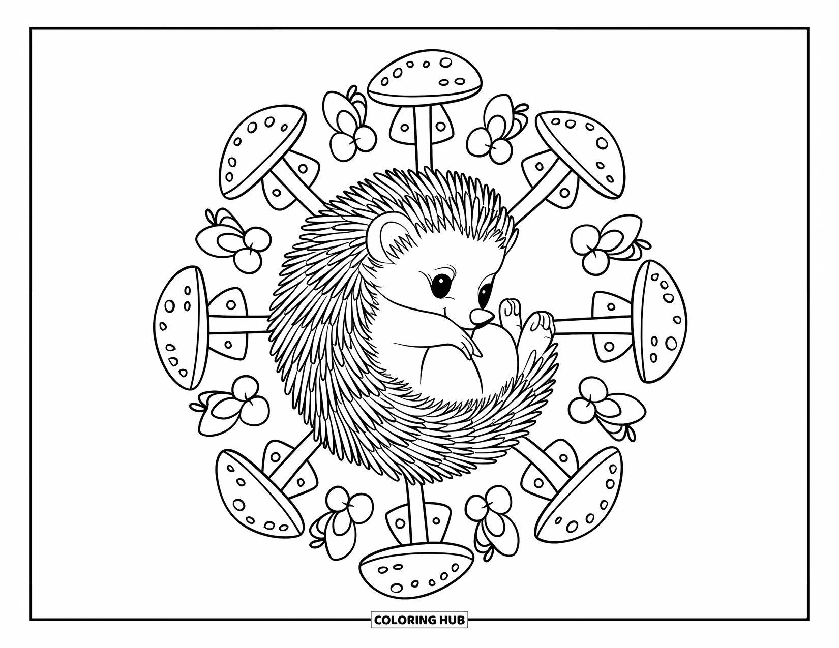 Baby Animal Coloring Page for Adults: A baby hedgehog curls into a ball in a mandala with mushrooms and clovers