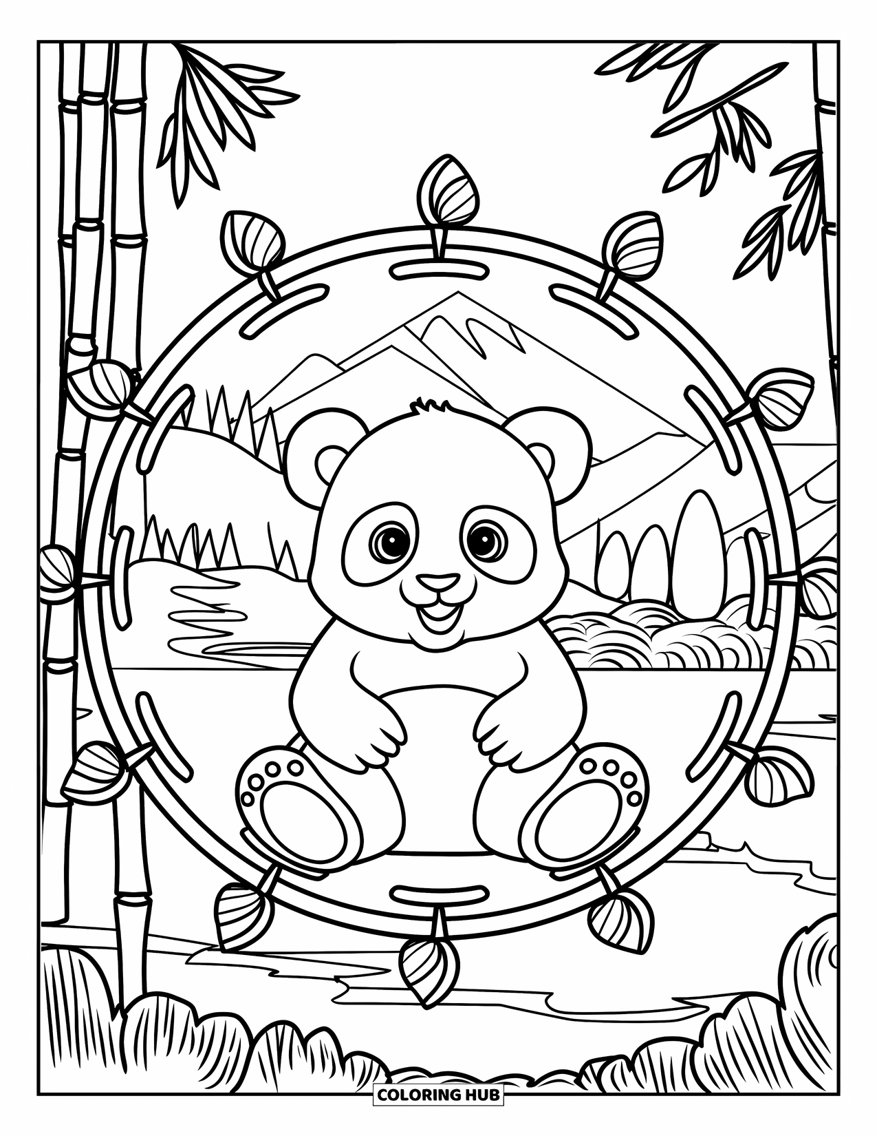Baby Animal Coloring Page for Adults: A baby panda sits cross-legged in a bamboo mandala near peaceful mountains and trees