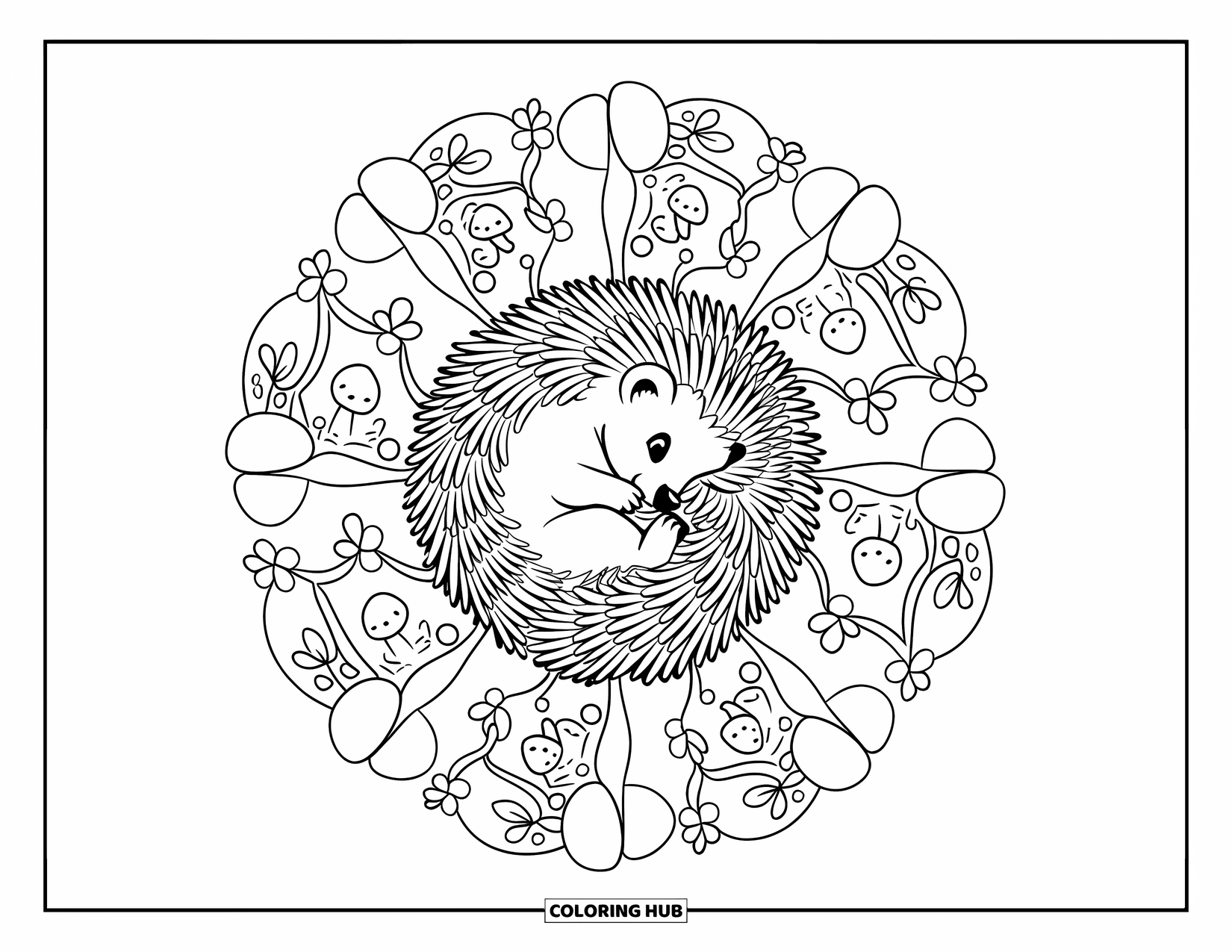 Baby Animal Coloring Page for Adults: A curled-up baby hedgehog rests in a mandala with nature-inspired details