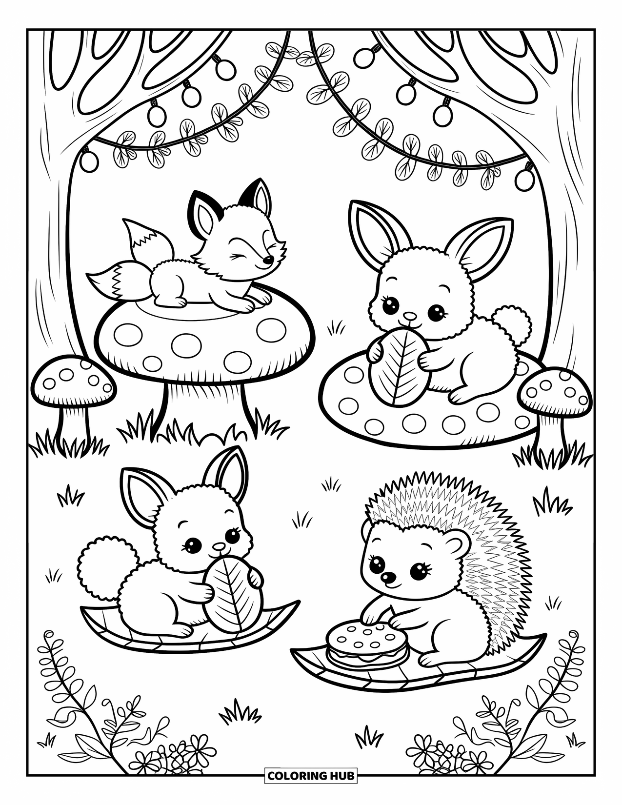 Baby Animal Coloring Page for Adults: A fox curls up, a bunny sips tea, and a hedgehog shares snacks in a glowing forest