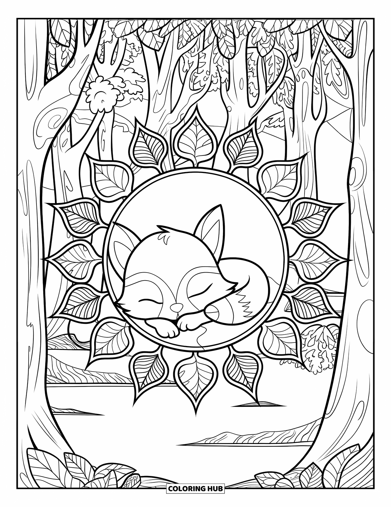 Baby Animal Coloring Page for Adults: A fox dozes peacefully in a leaf-filled mandala with trees, water, and distant hills