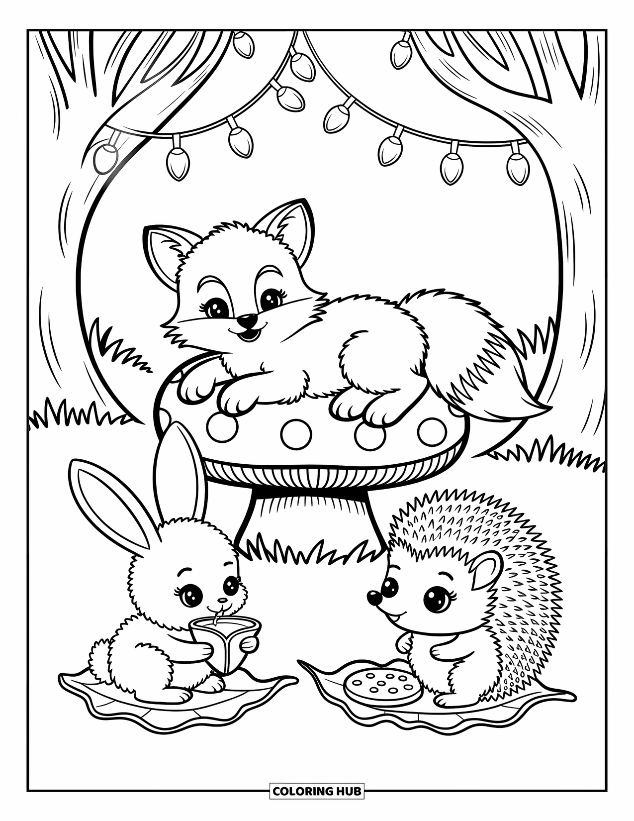 Baby Animal Coloring Page for Adults: A fox lounges, a bunny drinks from a leaf, and a hedgehog smiles under twinkling lights
