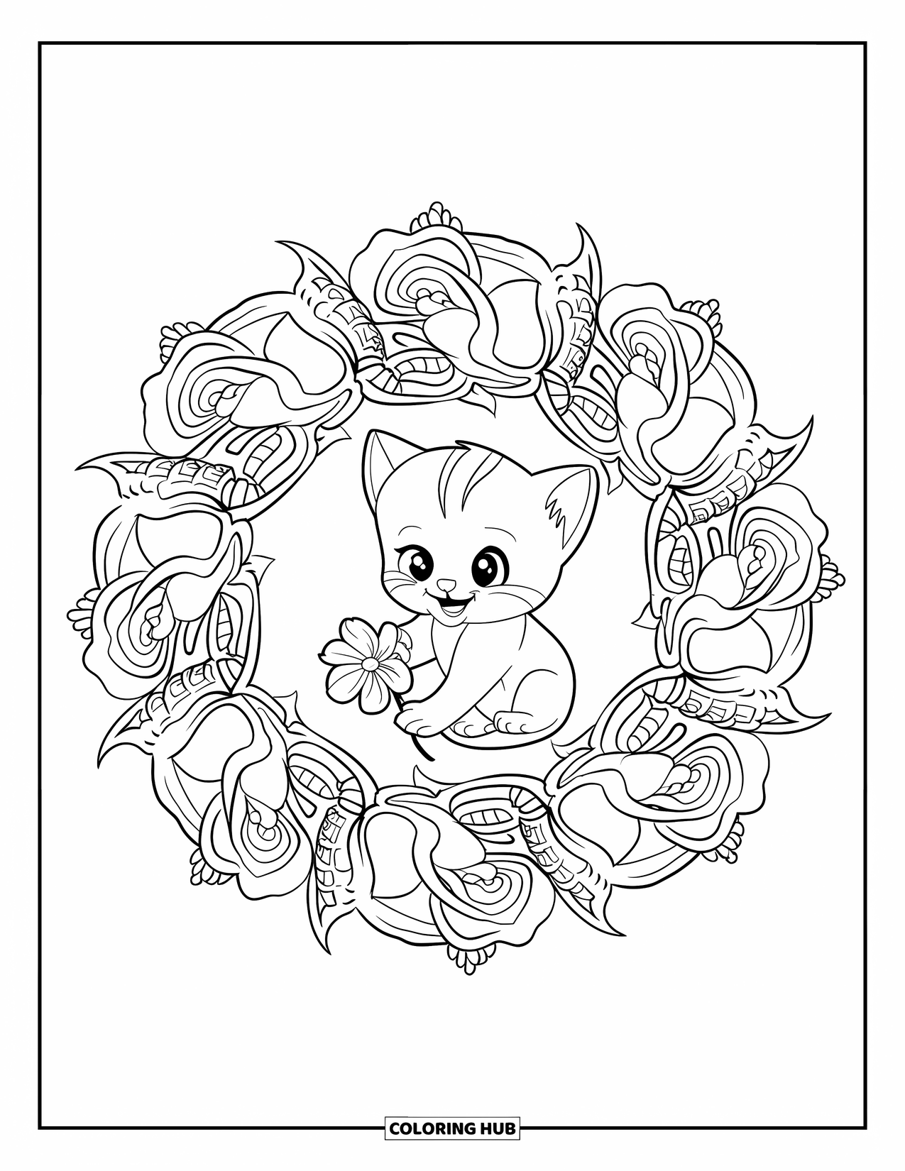 Baby Animal Coloring Page for Adults: A kitten plays with a petal in a rose-filled mandala with soft swirling lines