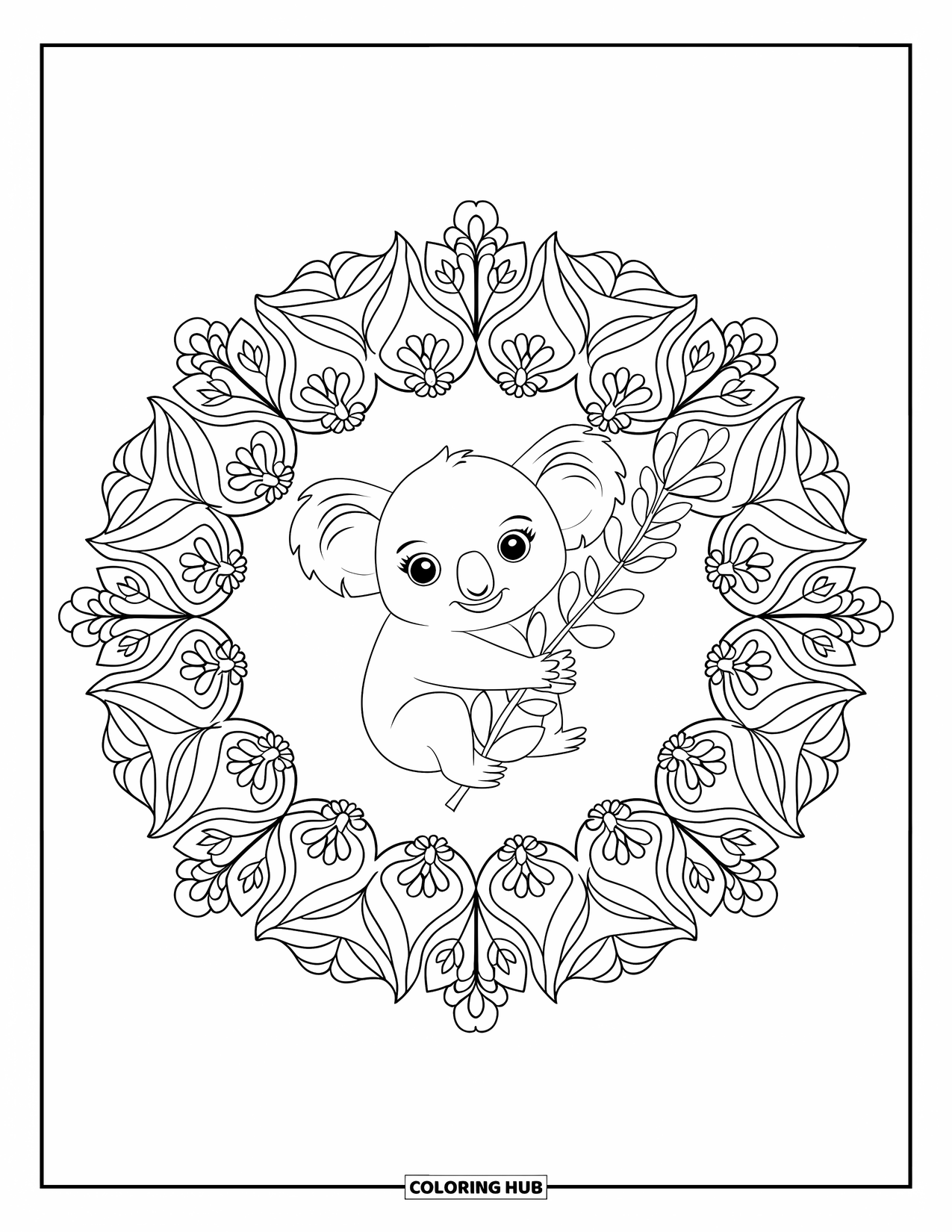 Baby Animal Coloring Page for Adults: A koala cuddles a branch in a eucalyptus-filled mandala framed by a decorative border