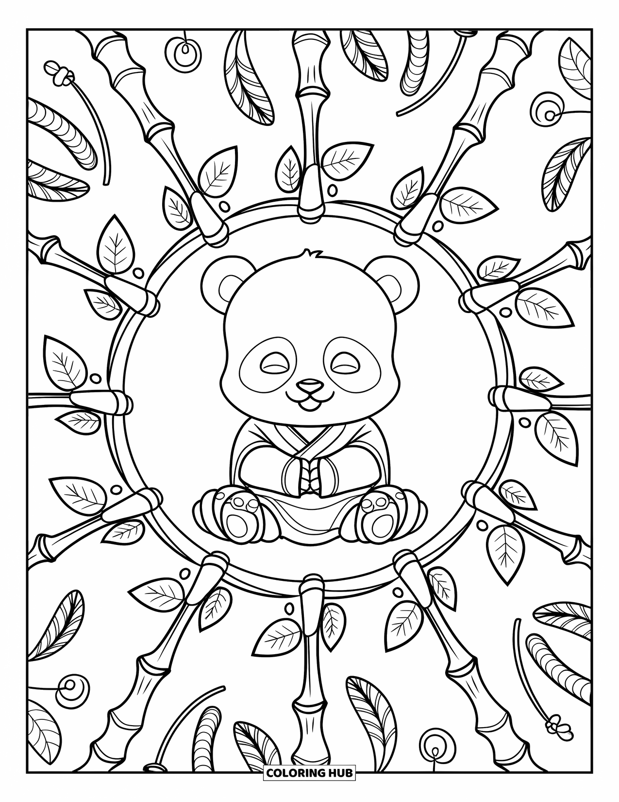 Baby Animal Coloring Page for Adults: A panda in a monk's robe sits in a bamboo mandala filled with swirling vines