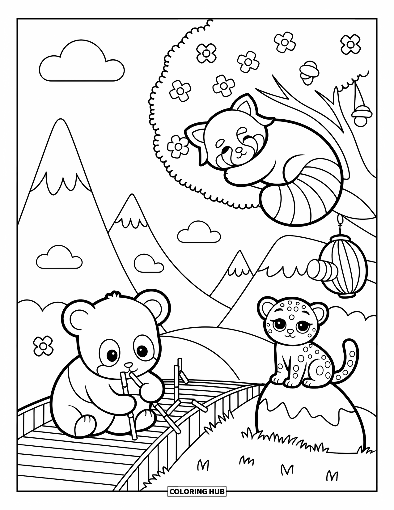Baby Animal Coloring Page for Adults: A panda, red panda, and snow leopard relax near mountains and cherry blossoms in soft outlines