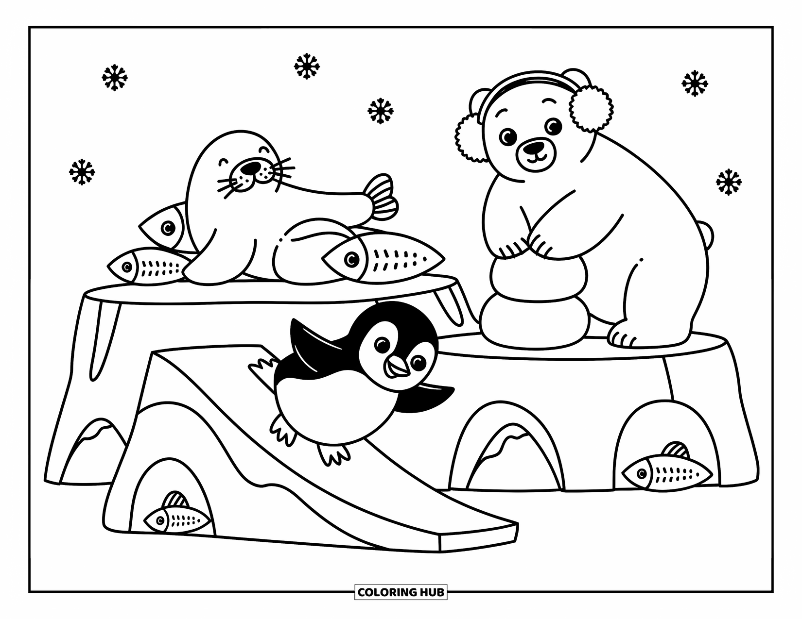 Baby Animal Coloring Page for Adults: A penguin slides down ice, a seal relaxes, and a bear builds snowballs near fish and caves
