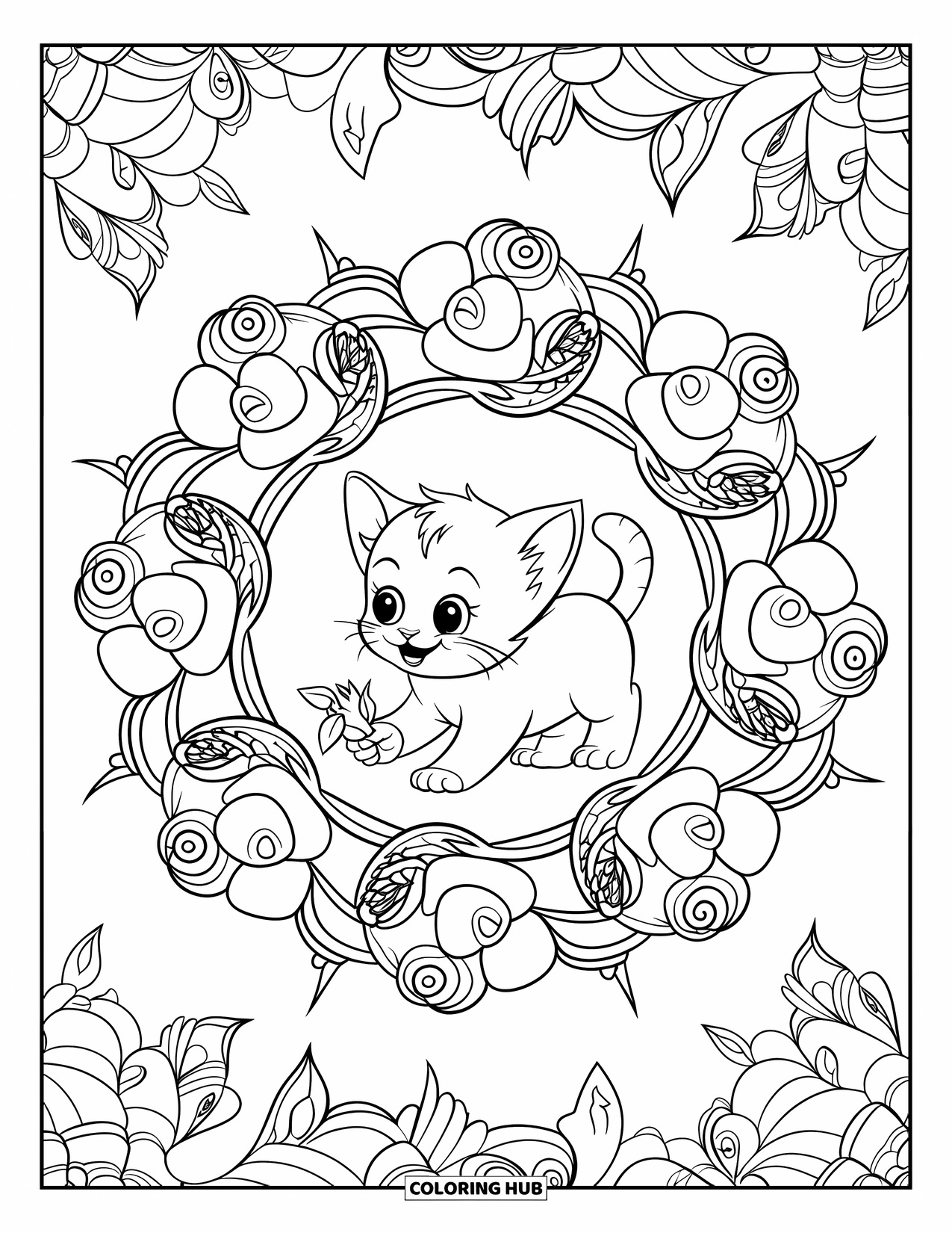 Baby Animal Coloring Page for Adults: A playful kitten sits inside a rose mandala filled with petals and twisting vines