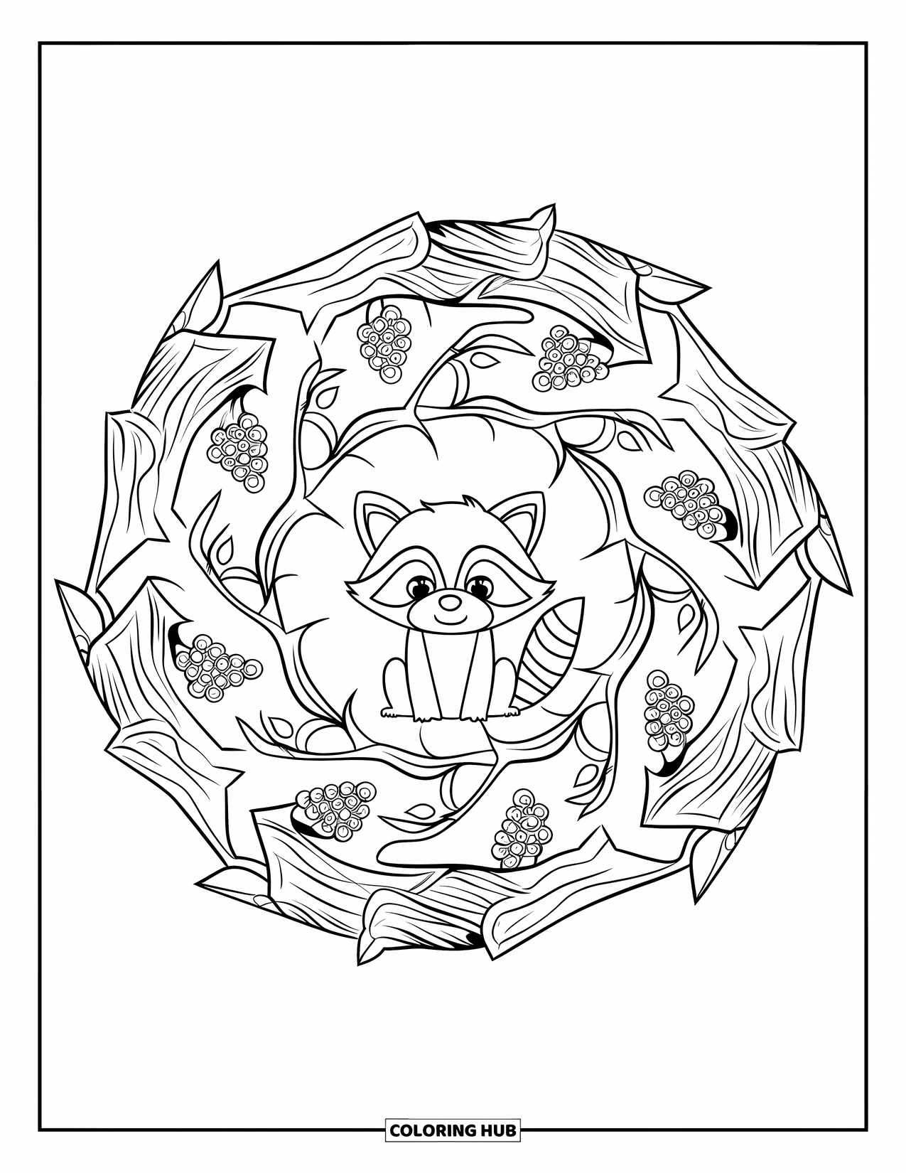 Baby Animal Coloring Page for Adults: A raccoon rests in the center of a mandala made of twigs, bark, and berries