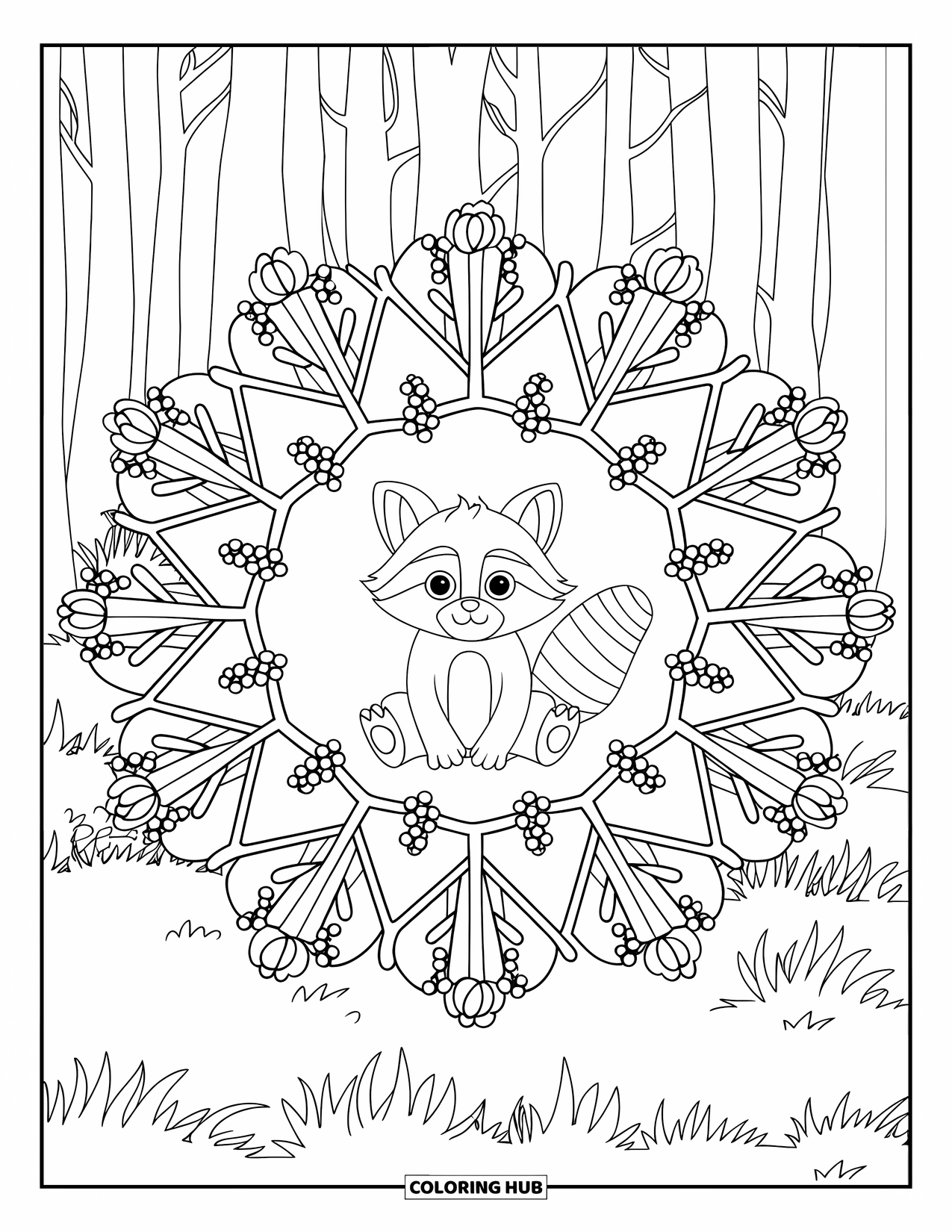 Baby Animal Coloring Page for Adults: A raccoon sits quietly in a forest mandala surrounded by tall trees and textures