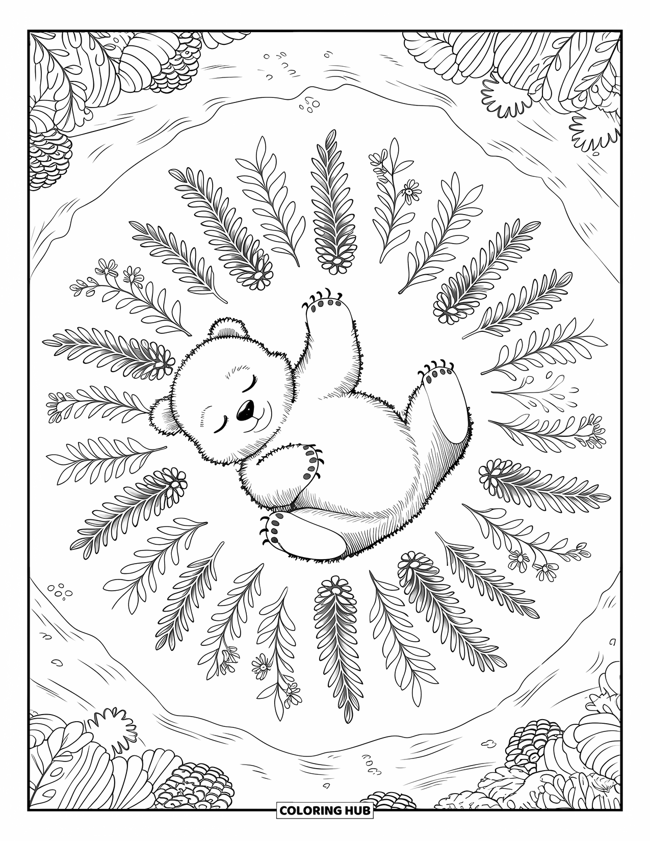 Baby Animal Coloring Page for Adults: A sleepy baby bear lies on forest moss in a radial pattern of woodland plants